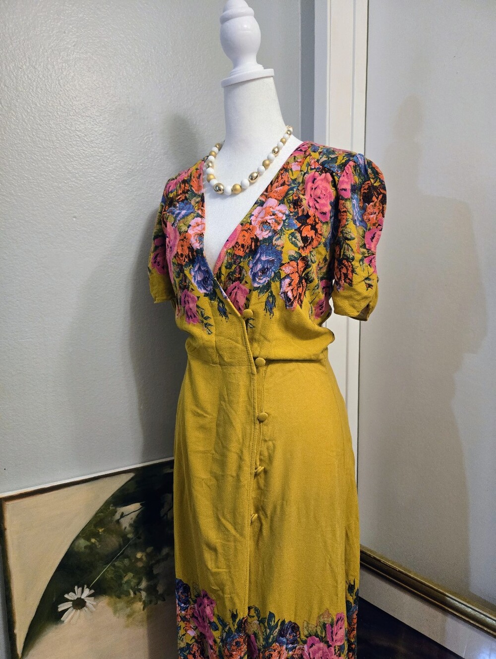 Free People Yellow Floral Midi Dress Size Small Boho V-Neck Button Front Rayon - Picture 6 of 10
